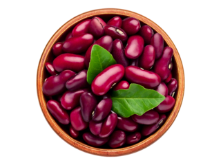 Vibrant red kidney beans in a rustic wooden bowl, garnished with fresh green leaves.  Perfect for recipes, health  nutrition, or food blog content.