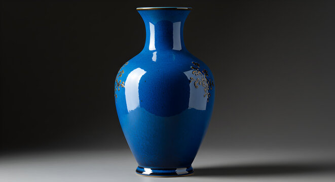 Elegant blue porcelain vase with intricate floral designs on dark background