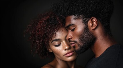 This intimate photograph captures a couple in a tender moment, their foreheads touching in an atmosphere filled with emotion and love, highlighted by soft lighting and deep shadows.