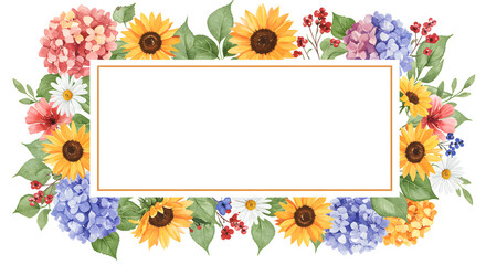 Obraz premium Watercolor floral frame with sunflowers and hydrangeas perfect for invitations