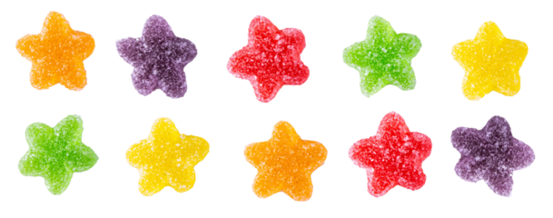 star jelly gummies with various color isolated on white, transparent background. png file