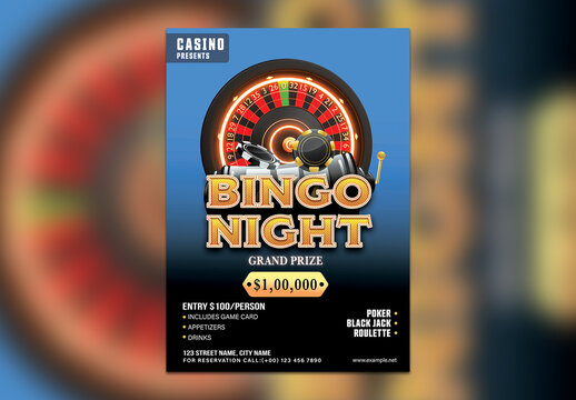 Bingo Night Casino Flyer with Grand Prize and Game Details, Editable Design for Advertisement.