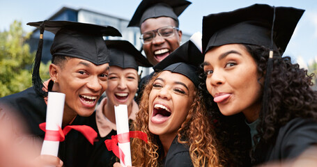 Laughing, friends or students in selfie at graduation for education, portrait or funny memory....