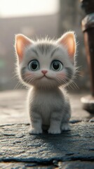 Cute Kitten Portrait with Big Eyes Looking Up Outdoors on Pavement
