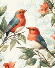 Fototapeta premium Vibrant Watercolor Illustration of Two Birds Perched Amongst Flowers and Foliage.