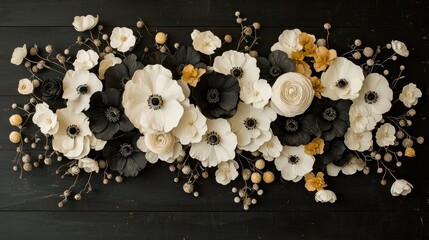 Elegant Black and White Floral Arrangement on a Dark Wooden Surface, Anemone Flowers