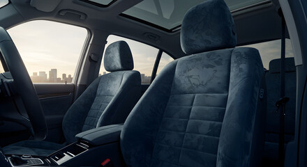 Plush crushed velvet car seats create a luxurious interior experience during twilight drive