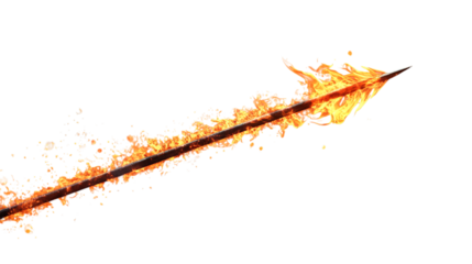 A flaming arrow soaring through the air with a burning tip on a transparent background