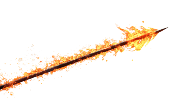 A flaming arrow soaring through the air with a burning tip on a transparent background