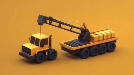 Obraz premium 3D Low Poly Crane Truck Lifting Object on Orange Background, illustration