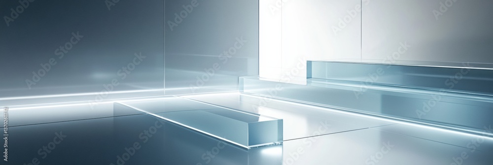 Poster futuristic abstract composition featuring floating transparent glass panels with soft glowing edges,