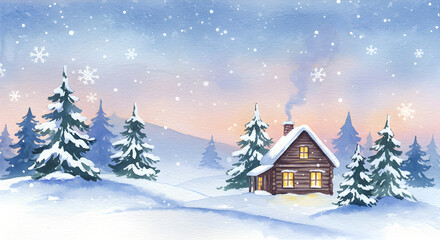 Watercolor winter landscape with cabin and snow-covered trees, creating holiday charm