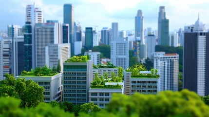 Obraz premium A city skyline featuring green-roofed buildings amidst a modern urban landscape, showcasing a blend of nature and architecture.