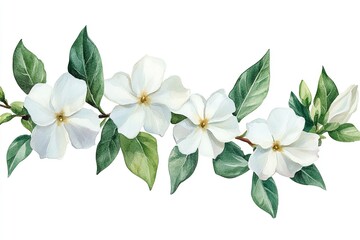 Fototapeta premium Delicate White Jasmine Flowers with Lush Green Leaves – Watercolor Illustration on a Clean White Background