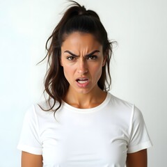 Fototapeta premium angry woman wearing t shirt portrait on white background