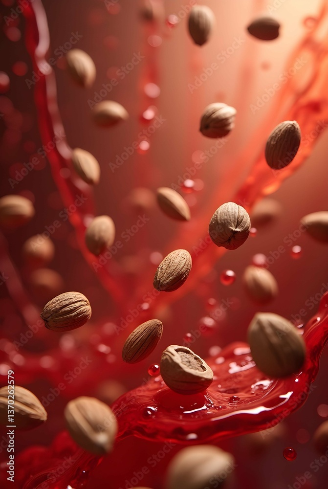 Poster almonds falling through a splash of red liquid