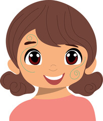 A cheerful child’s face painted with vibrant colors, featuring a playful design. Perfect for themes of childhood, fun, and face painting events.

