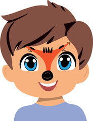 A cheerful child’s face painted with vibrant colors, featuring a playful design. Perfect for themes of childhood, fun, and face painting events.

