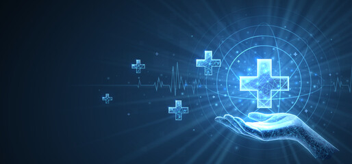 Hand holding a medical cross icon. Abstract background, hospital treatment, digital doctor.