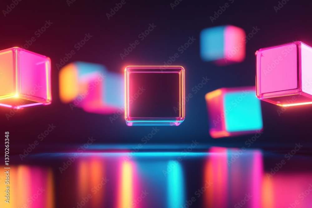 Poster Futuristic minimalistic background with floating colorful cubes and neon gradients showcasing a vibrant digital atmosphere