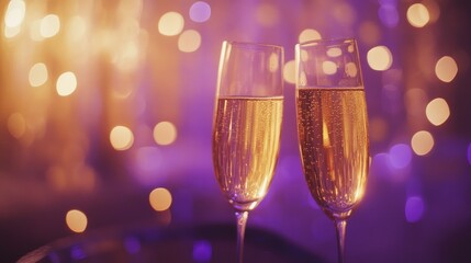 Sparkling Champagne Toast with Bokeh Lights in Background