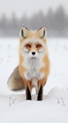 Obraz premium Majestic Fox Stands Gracefully in Snowfall, Winter Wildlife Photography