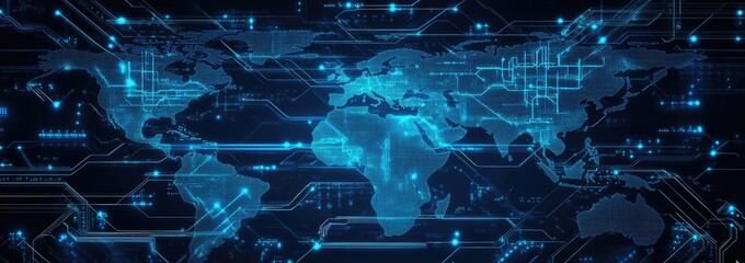 Glowing Blue Digital World Map on Dark Background