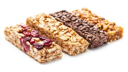 Variety of Healthy Granola Bars with Nuts and Fruits on White Background