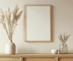 An empty wooden frame mockup hanging on the wall of an apartment, a sideboard with a vase and dried flowers nearby, beige walls,