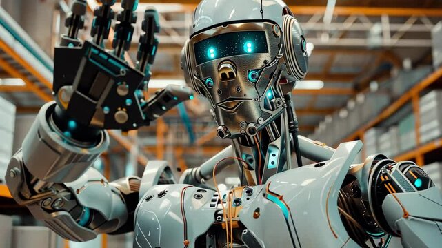 A humanoid robot stands in a high-tech factory, raising its hand in a welcoming gesture while illustrating the fusion of robotics and industrial innovation.