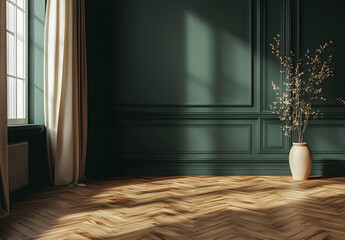 Dark green wall with a parquet floor, curtains on the left side, photorealistic interior design photography, natural lighting