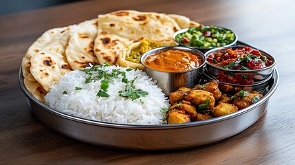 Indian Thali  Delicious Curry  Naan  Rice   Sides
