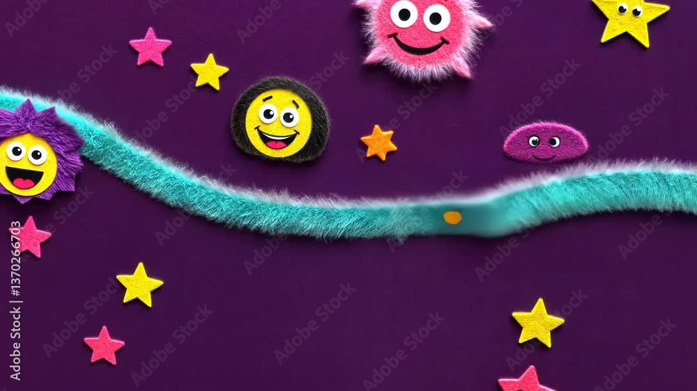 Poster A purple background with stars and a smiling face. There are also two other smiling faces