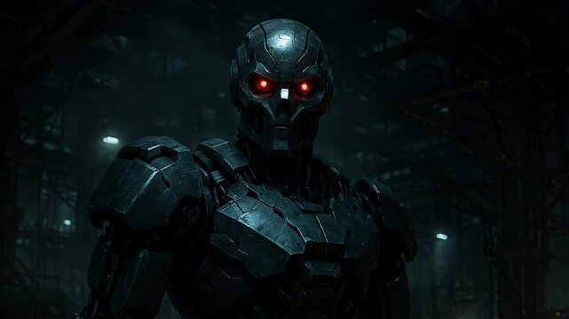 Dark armored robot with glowing red eyes in an industrial setting.