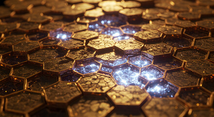 Luminous honeycomb structure with glowing energy fields within its framework