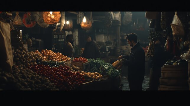 A man shops for produce at a dimly lit market stall.