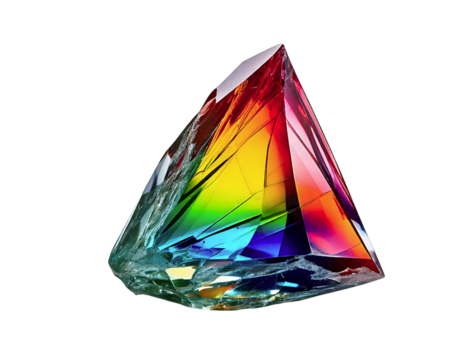 Vibrant rainbow crystal gem, multifaceted  luminous.  A striking image symbolizing energy, brilliance, and preciousness. Ideal for luxury, technology, and spiritual themes.
