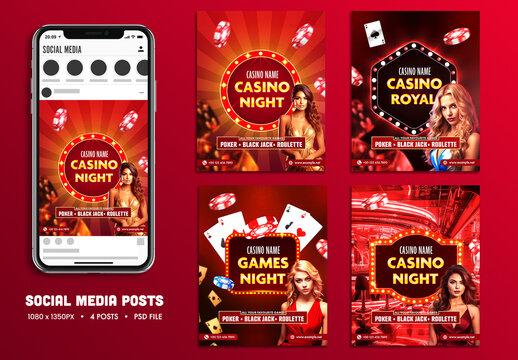 Casino Night, Social Media Editable Posts Set with Gambling Elements for Event or Advertisements.