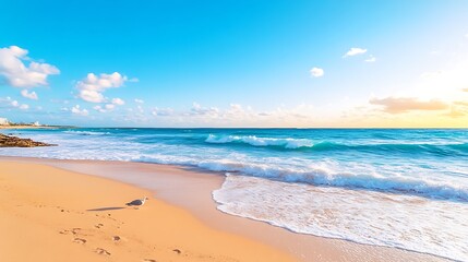 Fototapeta premium Serene Beach Sunrise Ocean Waves Sandy Shore Bird