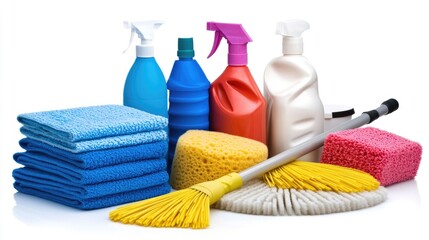 Colorful Cleaning Supplies with Mops and Cloths for Home Use
