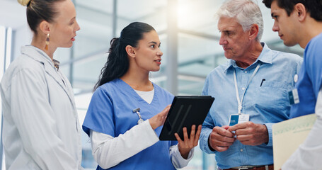 Woman, doctors and tablet with team at hospital with discussion for funding, management and review....