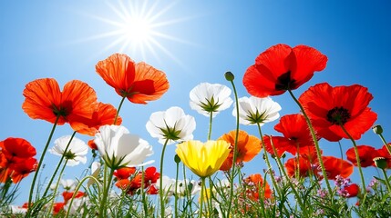 Obraz premium Sunlit field of flowers bathed in golden light creating a warm and inviting natural atmosphere