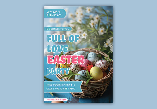 Full of Love Easter Editable Party Flyer with Colorful Eggs Basket.