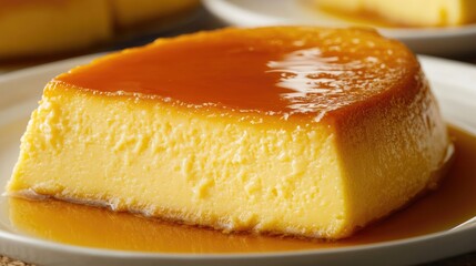 Close-up of a creamy Mexican flan topped with golden caramel sauce, elegantly presented on a white plate with minimal background elements