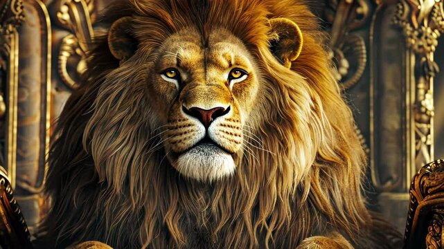 A magnificent lion rests on an intricately designed throne, its golden mane flowing and eyes displaying authority in a luxurious environment filled with opulence.