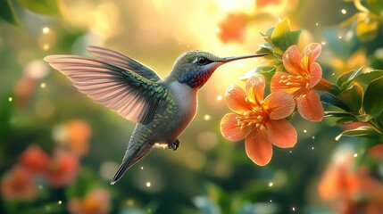 Fototapeta premium Wildlife beauty hummingbird and flowers