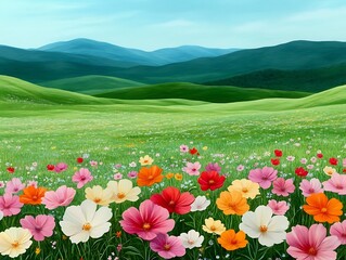 Obraz premium Lush field of brightly colored wildflowers in full bloom under the gentle warmth of the sun