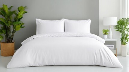 Simple white bedding set in modern bedroom