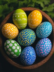 Easter Eggs in Wooden Bowl