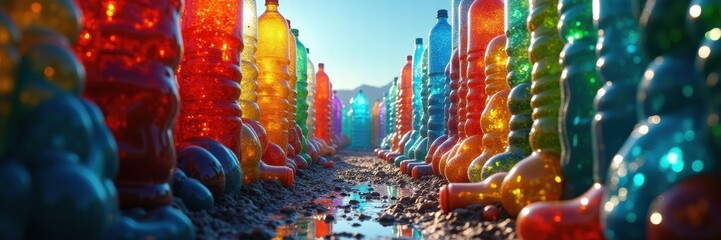 A vibrant pathway lined with colorful plastic bottles, showcasing creativity and recycling. ideal for themes of sustainability and environmental awareness.